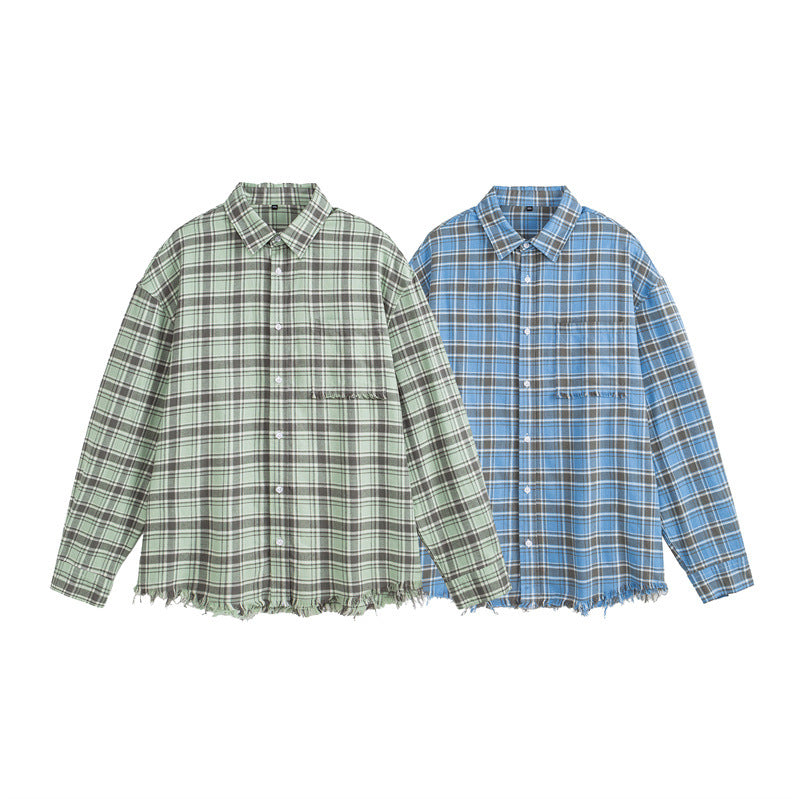 Oversized Checkered Shirt with Raw Hem Long Sleeves