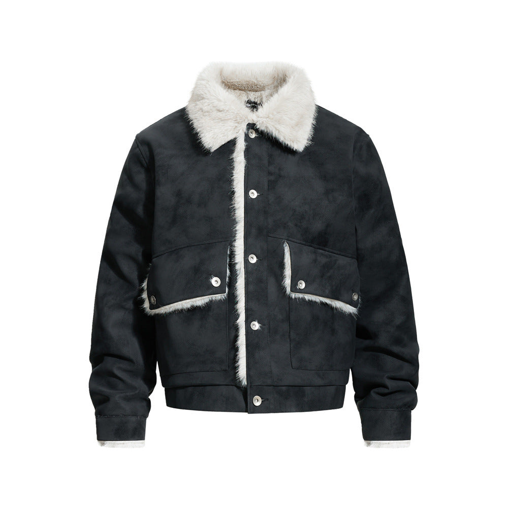 Street Style Men's Cotton Coat with Turn-Down Collar, Large Pockets, Casual Loose Fit,  Outerwear Jacket
