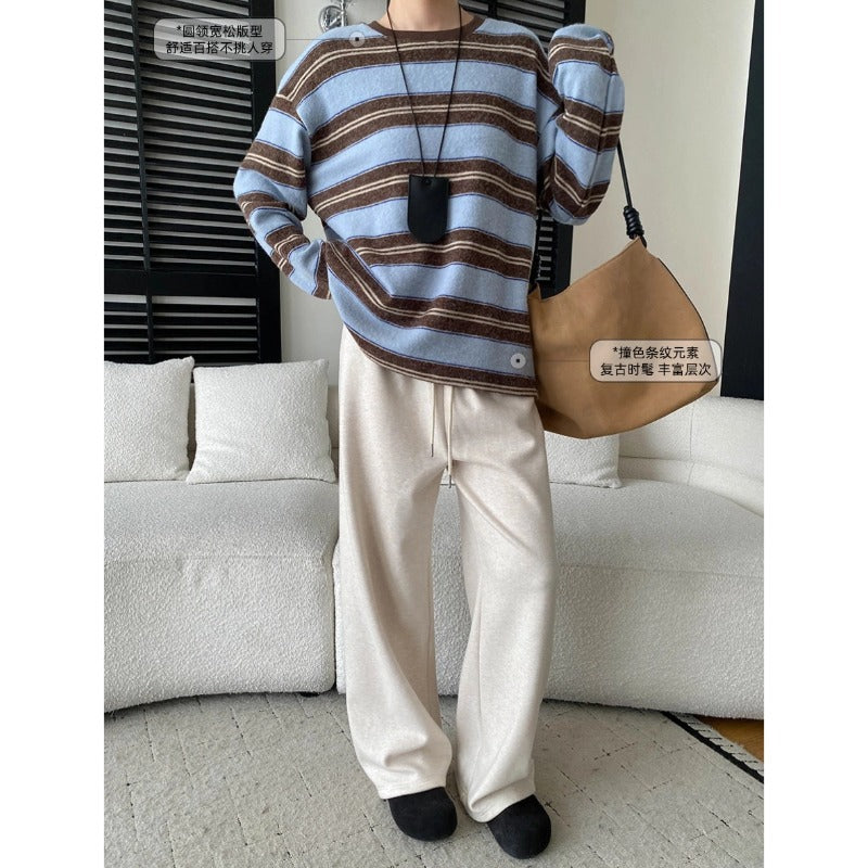 Casual American Color-block Stripe Crewneck Loose Slim Fit Brushed Long Sleeve T-shirt