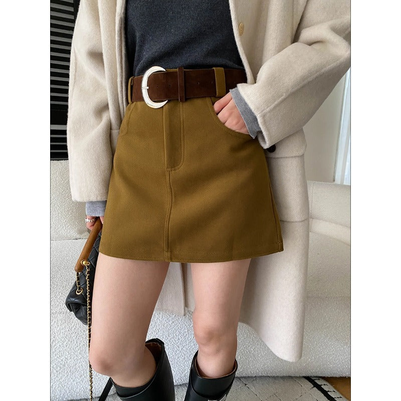 Southern Compass Long-Leg Style Thick Wool Blend High-Waisted Slimming Charming Skirt with Belt