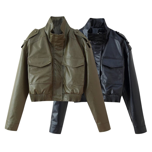 Women's Zip-Up Stand Collar Long Sleeve Faux Leather Short Jacket