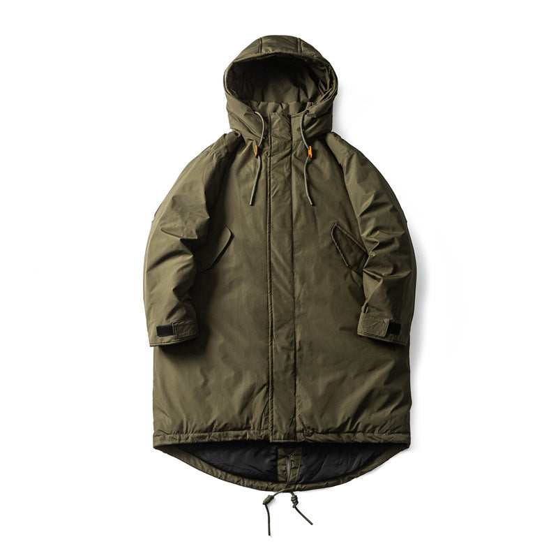 Hooded Mid-Length Down Jacket with Warmth and Retro Design
