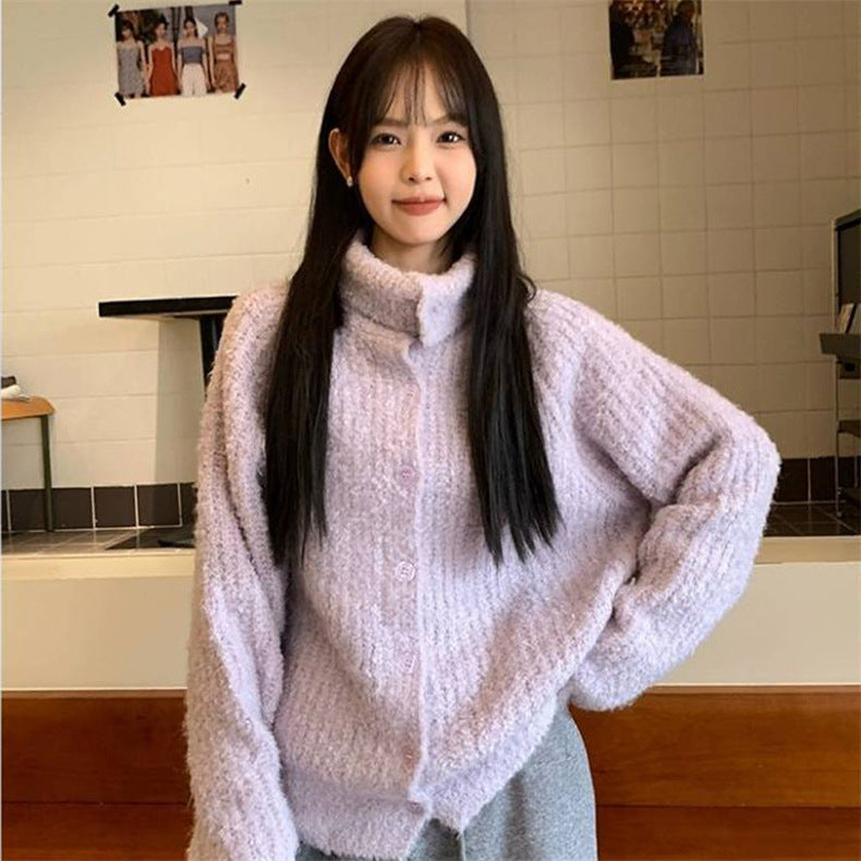 High Neck Buttoned Knit Cardigan for Women in Purple - Soft, Loose-Fitting Sweater with Turn-Down Collar for Autumn/Winter