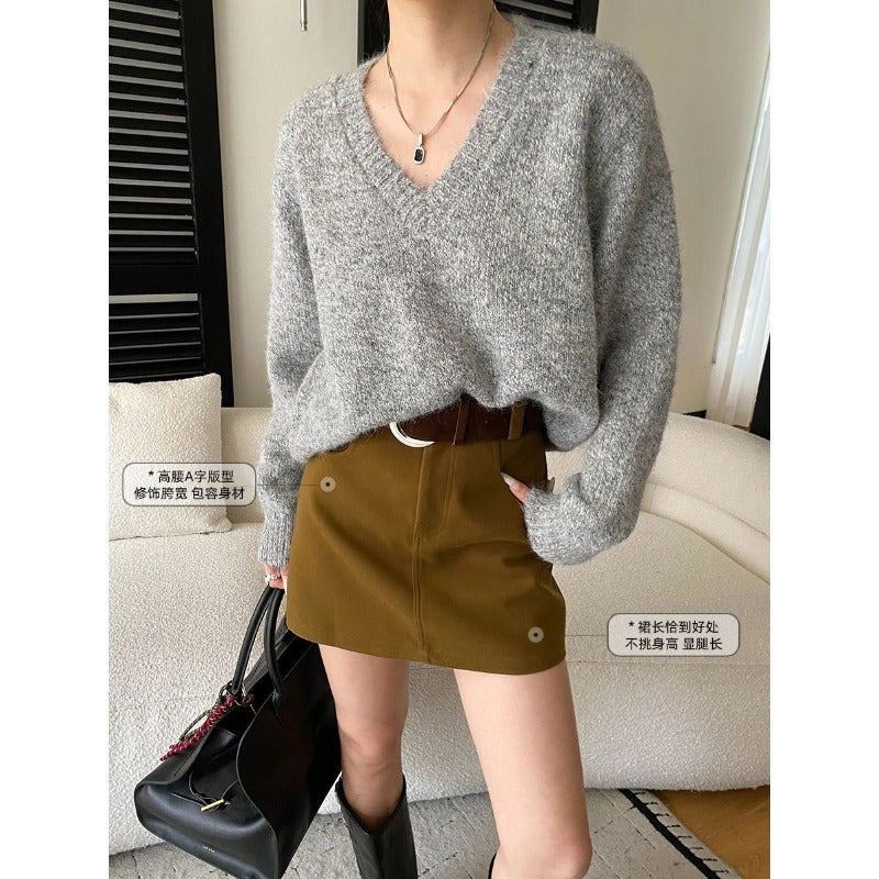 Southern Compass Long-Leg Style Thick Wool Blend High-Waisted Slimming Charming Skirt with Belt