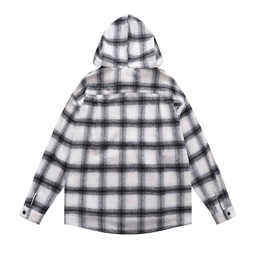 Retro Men's Hooded Drawstring Plaid Long Sleeve Casual Loose-Fit Shirt Jacket