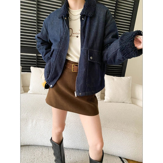 Retro Faux Lamb Wool Turn-Down Collar Loose Lined Thick Denim Jacket