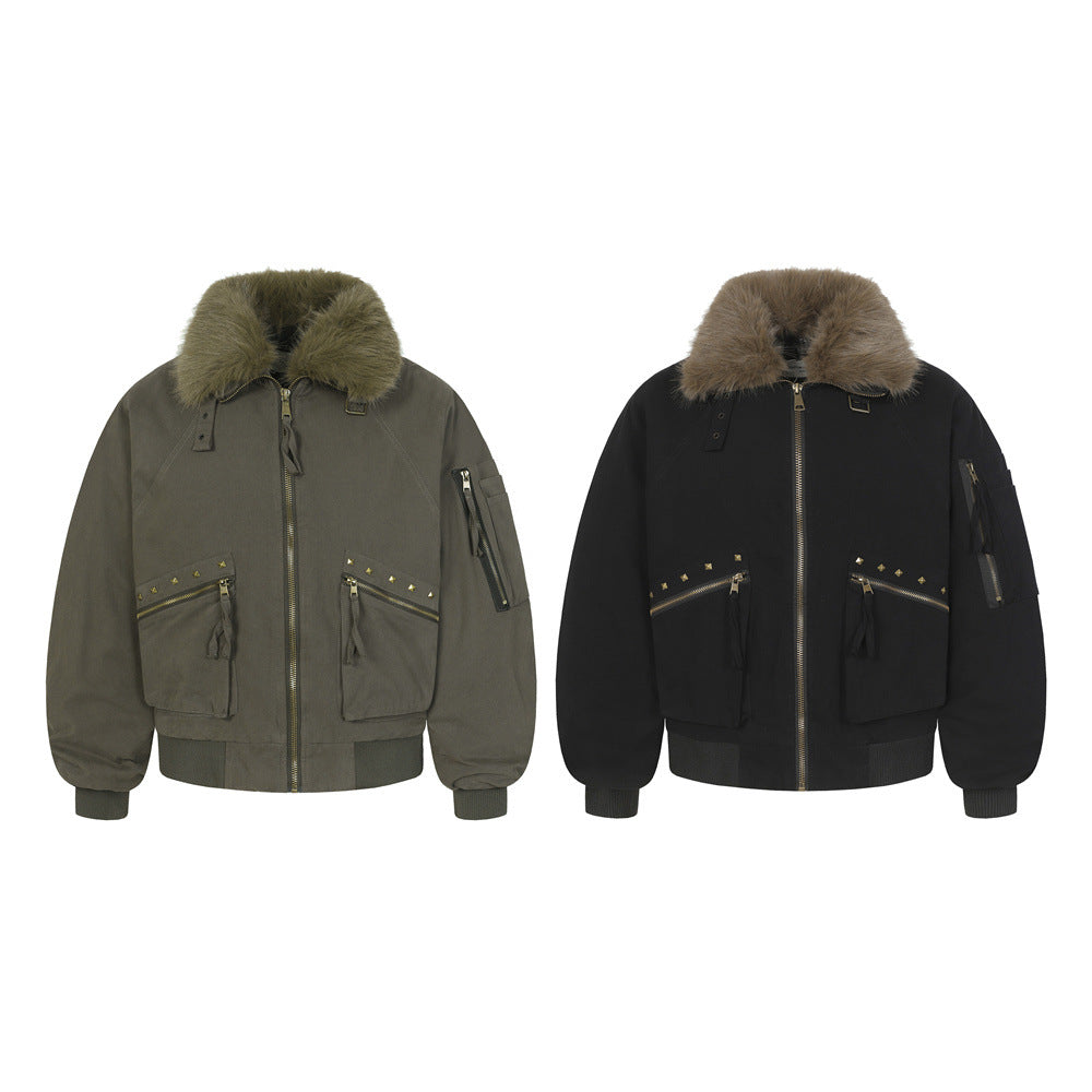 Street Style Men's Cotton Coat with Detachable Fur Collar, Patchwork Design,  Brand, Loose Fit, New Outerwear Top
