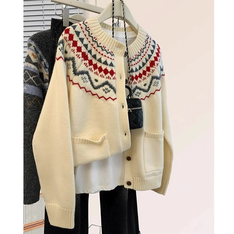 Fair Isle Knit Cardigan for Women - Soft, Loose Bohemian Style Round Neck Fashionable Sweater Top
