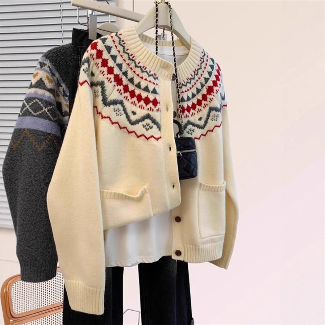 Fair Isle Knit Cardigan for Women - Soft, Loose Bohemian Style Round Neck Fashionable Sweater Top