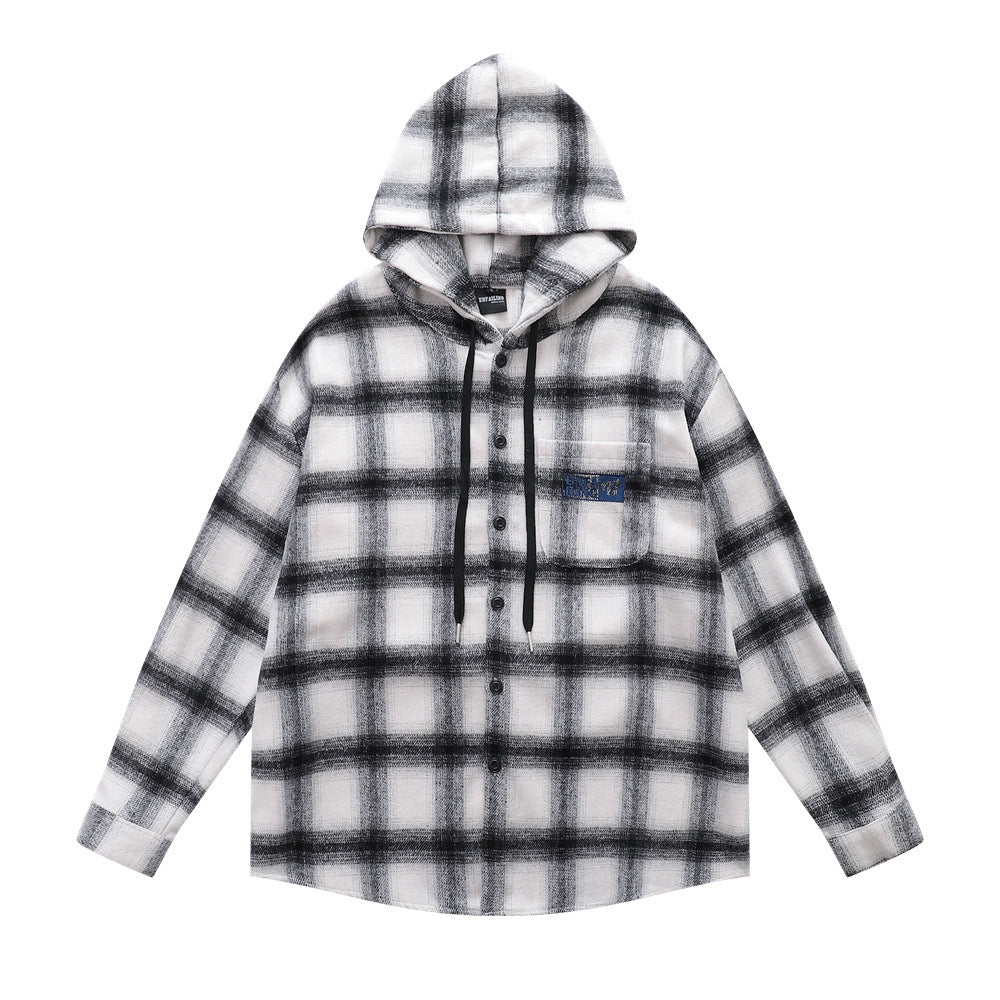 Retro Men's Hooded Drawstring Plaid Long Sleeve Casual Loose-Fit Shirt Jacket