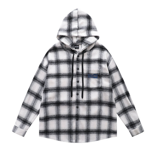 Retro Men's Hooded Drawstring Plaid Long Sleeve Casual Loose-Fit Shirt Jacket