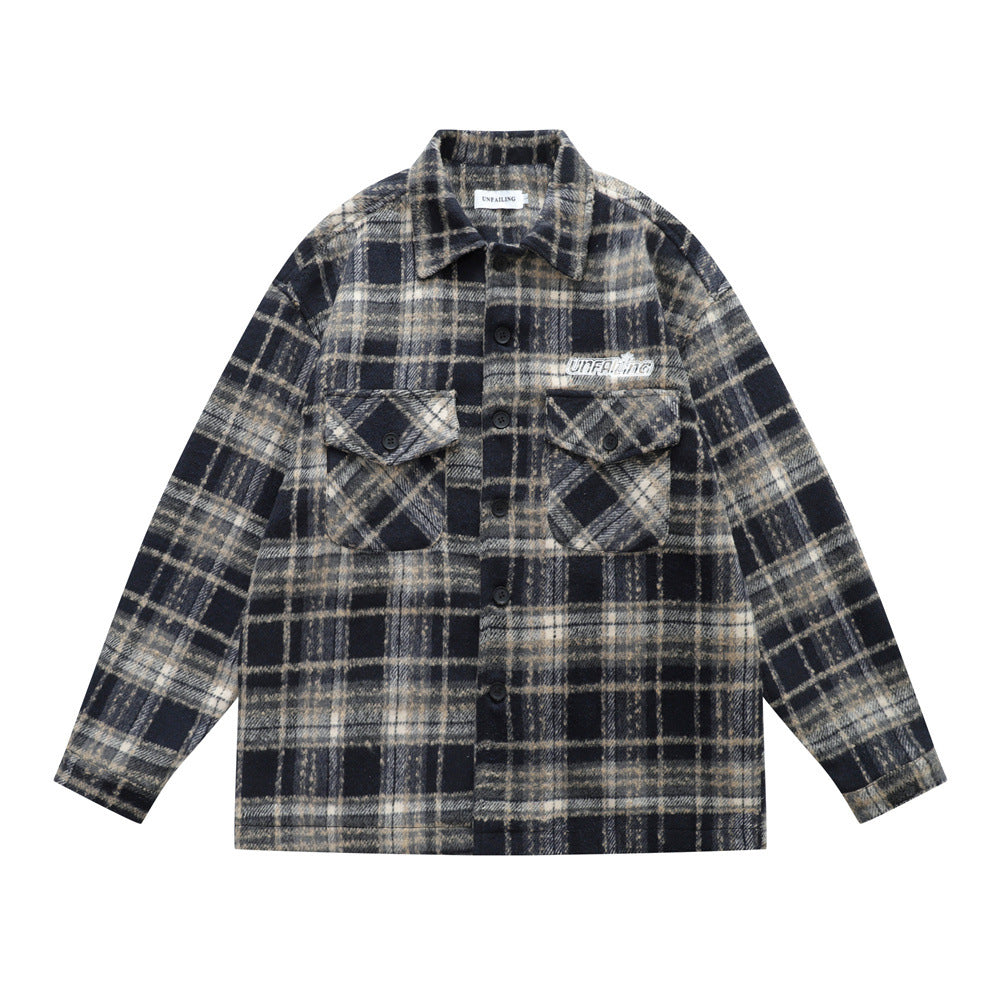 Vintage Men's Jacket with Turn-Down Collar, Plaid Pattern, Long Sleeves, Loose Fit - Trendy and Versatile Outerwear