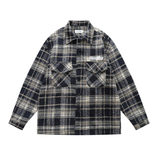 Vintage Men's Jacket with Turn-Down Collar, Plaid Pattern, Long Sleeves, Loose Fit - Trendy and Versatile Outerwear