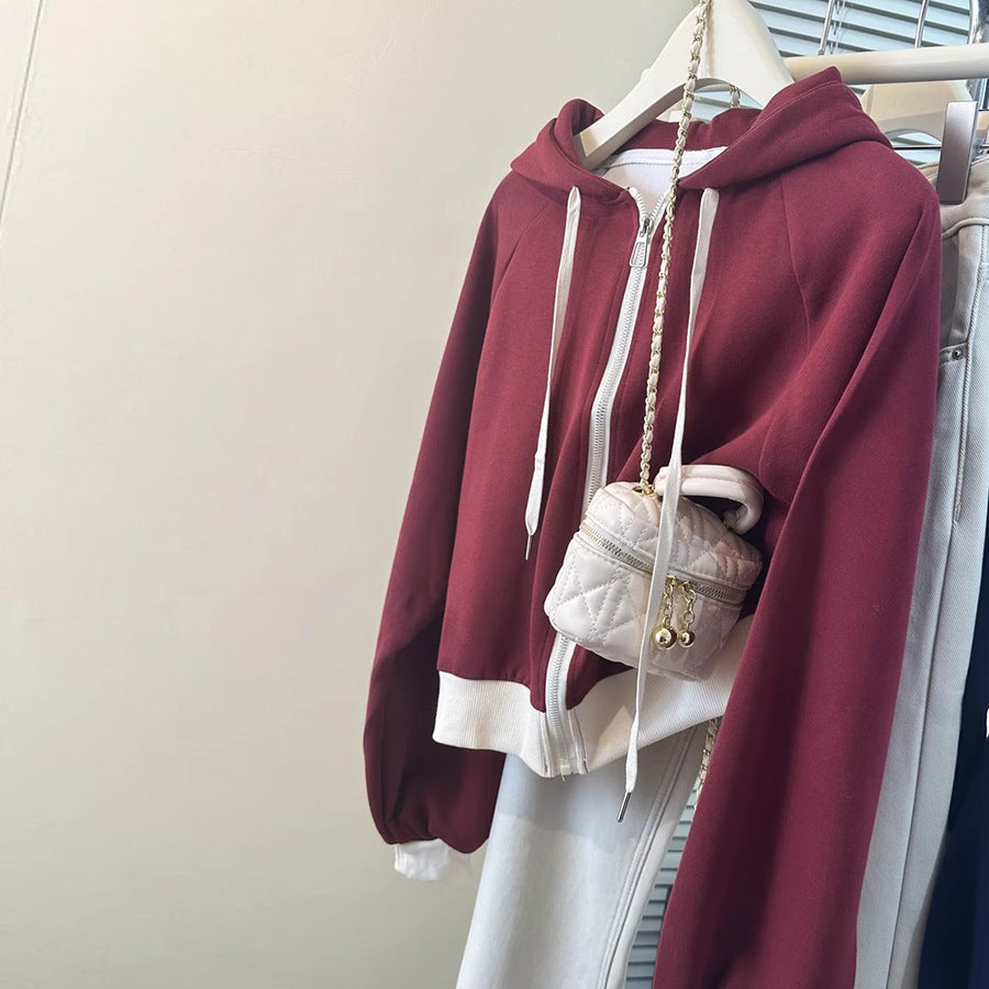 Casual Color-Blocked Long Sleeve Hoodie for Women - Short Style Loose Fit Lightweight Sweatshirt