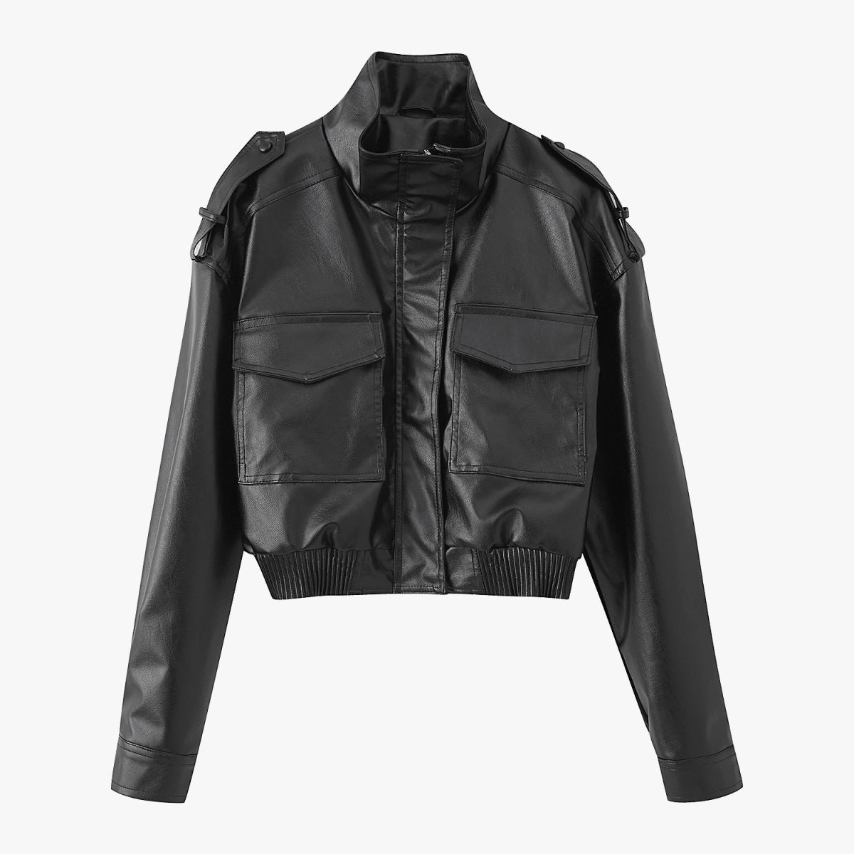 Women's Zip-Up Stand Collar Long Sleeve Faux Leather Short Jacket