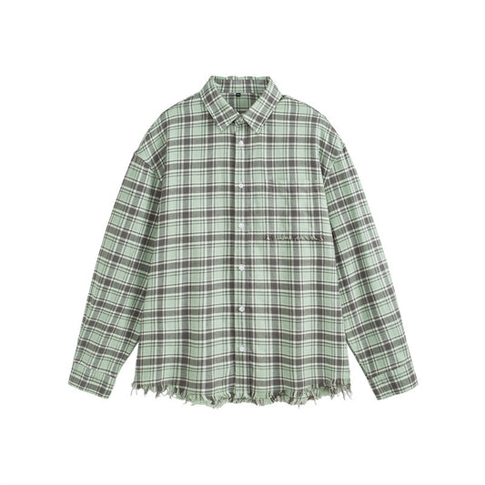 Oversized Checkered Shirt with Raw Hem Long Sleeves