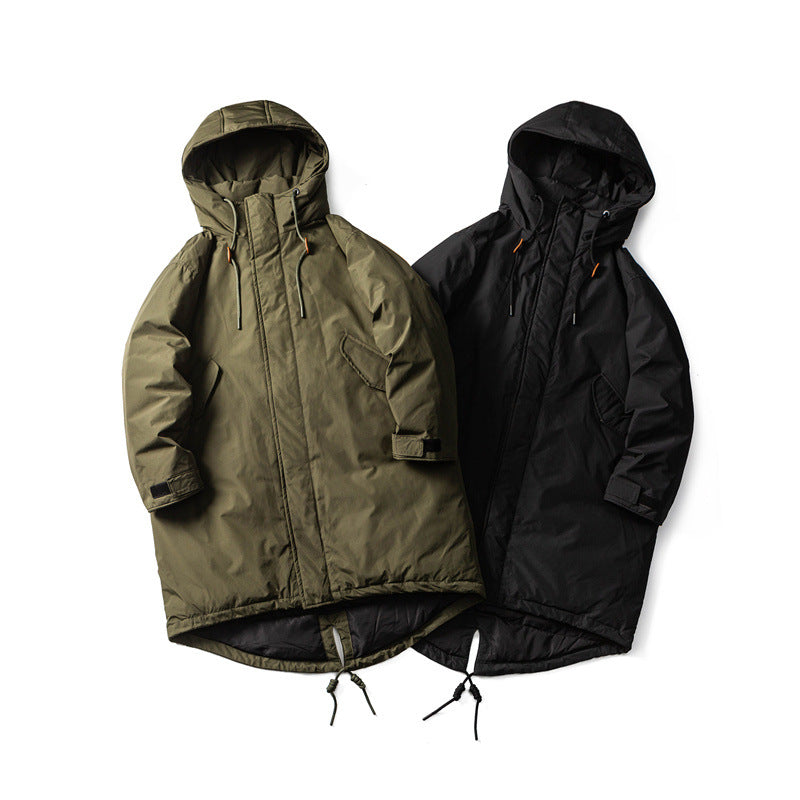 Hooded Mid-Length Down Jacket with Warmth and Retro Design