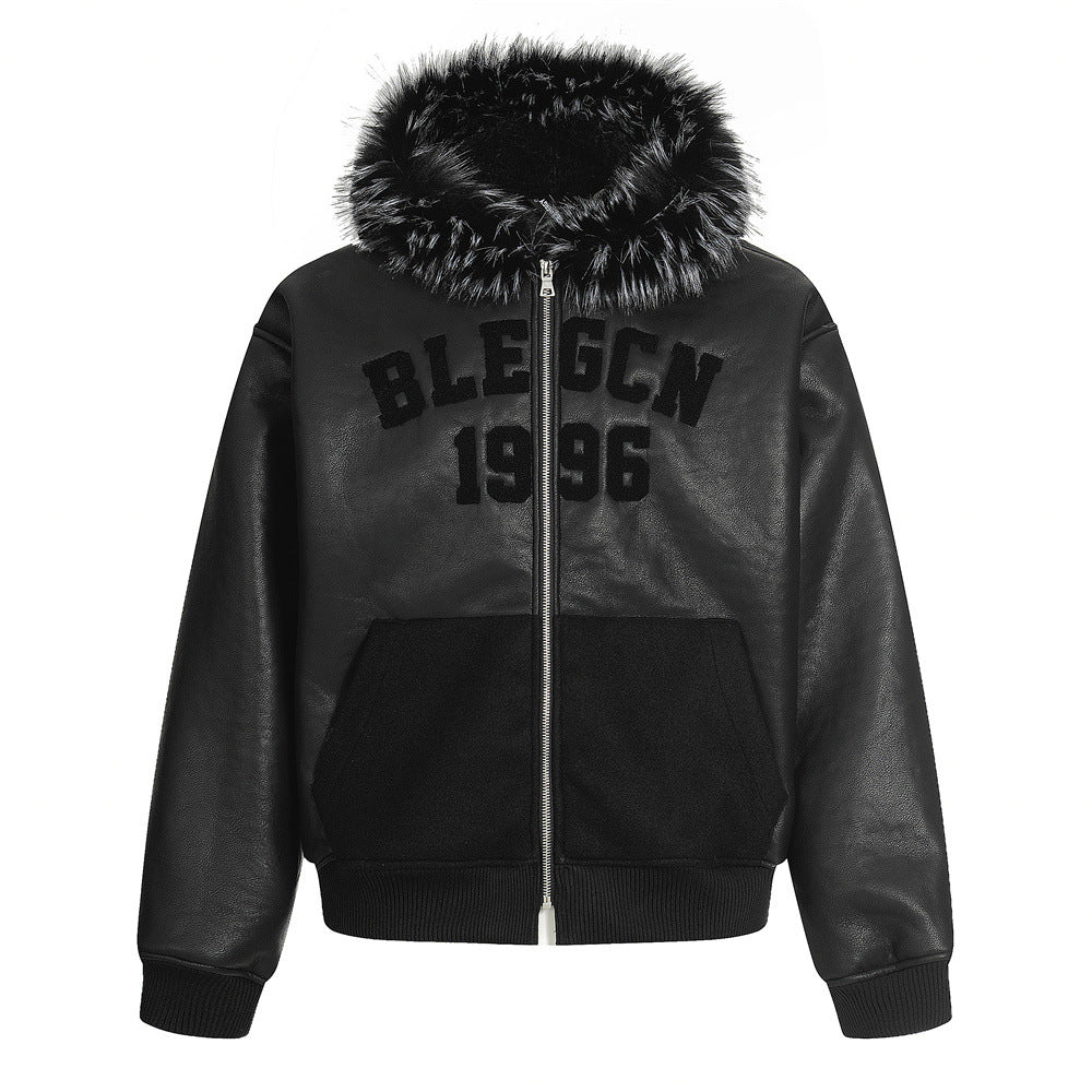 Street Style Men's Cotton Coat with Hood, Fur Collar, Letter Embroidery, Casual Loose Fit Jacket