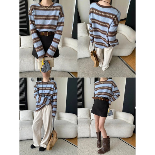 Casual American Color-block Stripe Crewneck Loose Slim Fit Brushed Long Sleeve T-shirt