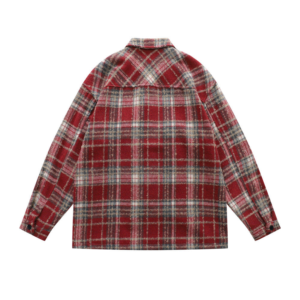 Vintage Men's Jacket with Turn-Down Collar, Plaid Pattern, Long Sleeves, Loose Fit -  and Versatile Outerwear