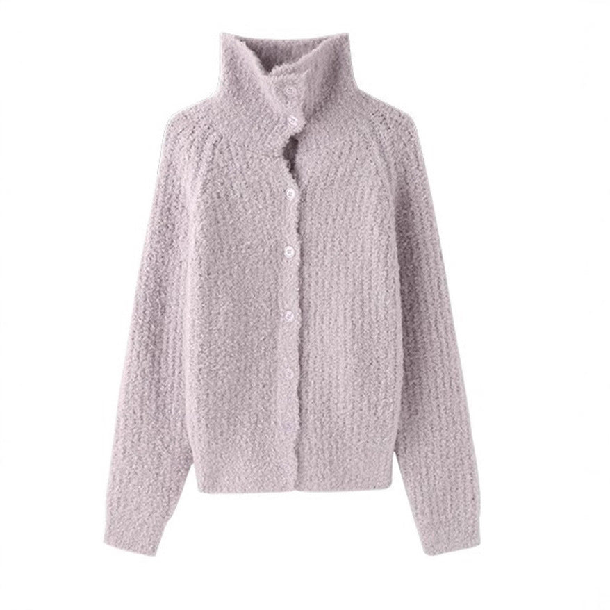 High Neck Buttoned Knit Cardigan - Loose-Fitting Sweater with Turn-Down Collar