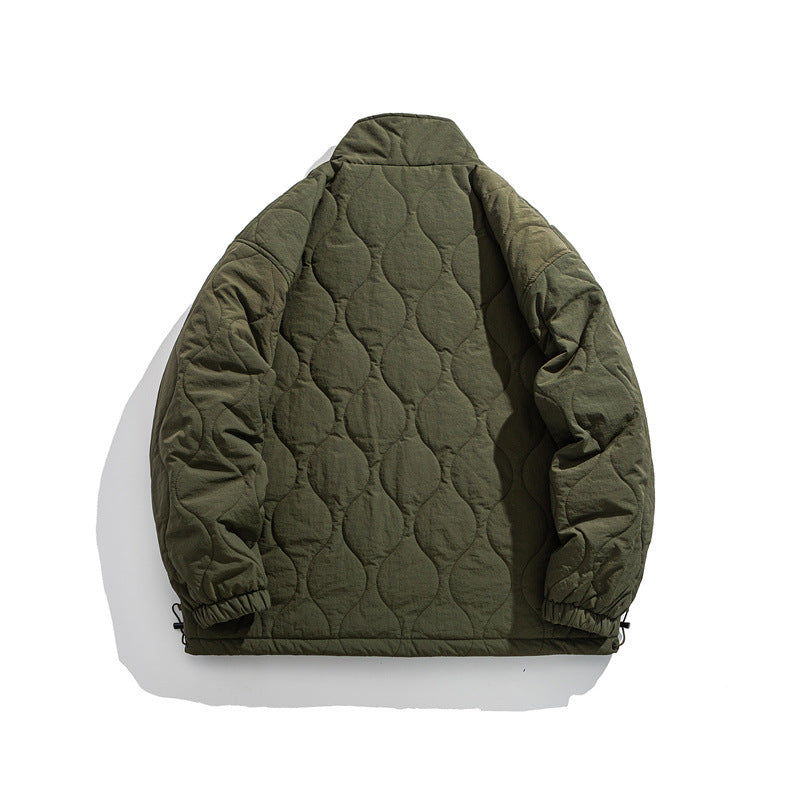 Simple Solid Color Stand Collar Diamond Pattern Fleece-Lined Cotton Coat for Men