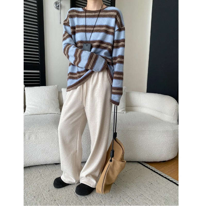 Casual American Color-block Stripe Crewneck Loose Slim Fit Brushed Long Sleeve T-shirt