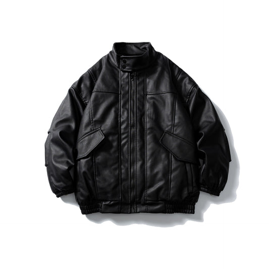 Stand Collar Litchi Pattern PU Leather Padded Jacket