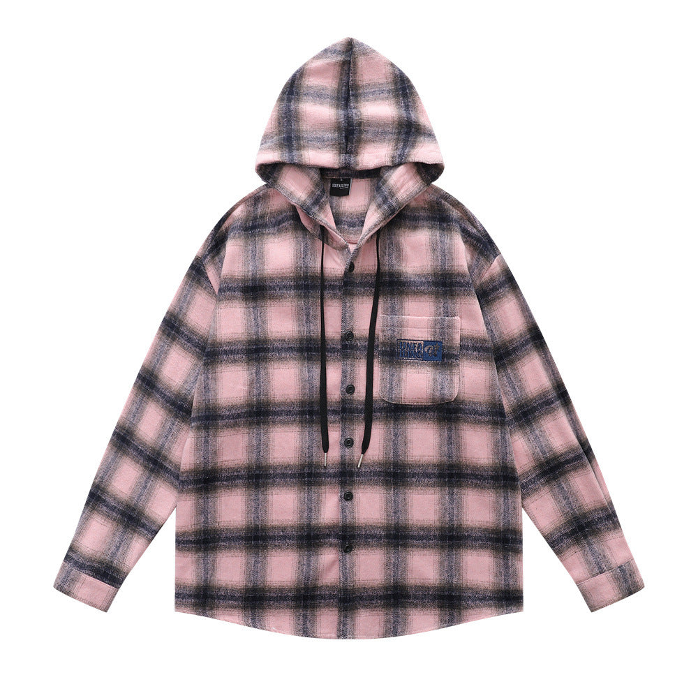 Retro Men's Hooded Drawstring Plaid Long Sleeve Casual Loose-Fit Shirt Jacket