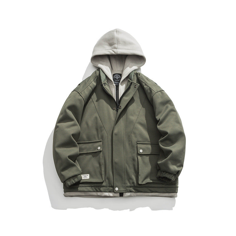 Warm and Versatile Faux Two-Piece Hooded Cotton Jacket