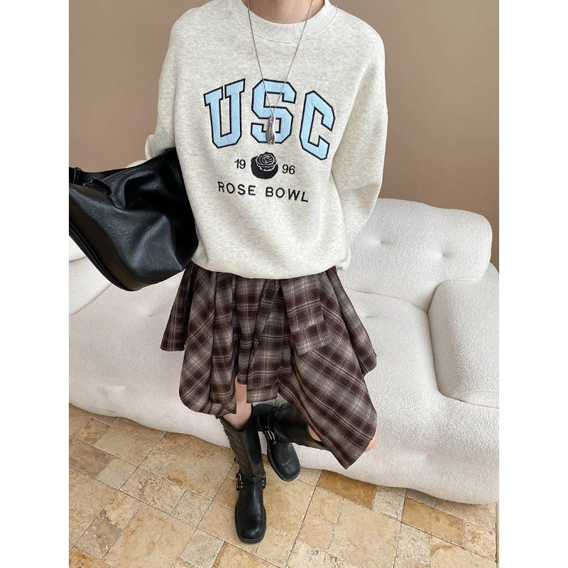 Fashionable American Retro Irregular Hem High-Waisted Plaid Mini Skirt