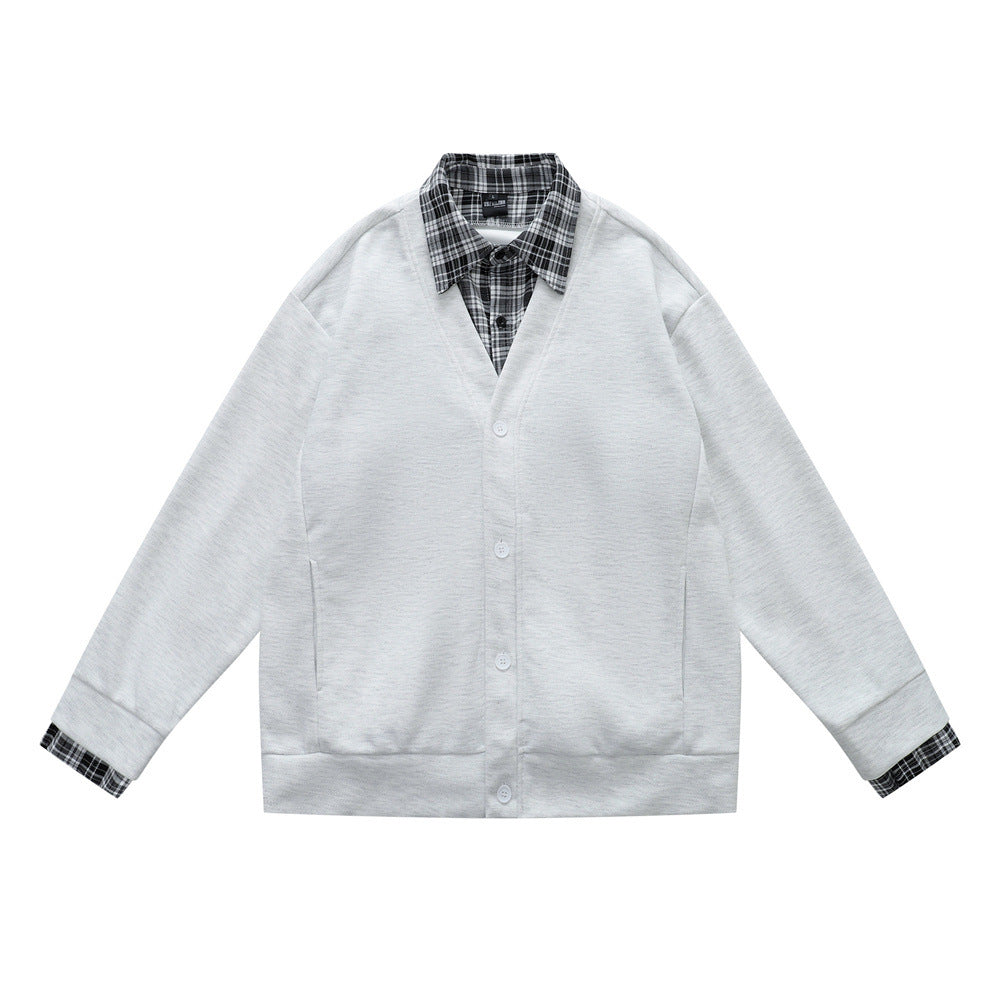 Street Style Hong Kong Inspired Men's Hoodie with Turn-Down Collar and Faux Two-Piece Design, Trendy Loose Fit Casual Outerwear Top
