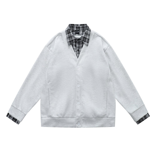 Street Style Hong Kong Inspired Men's Hoodie with Turn-Down Collar and Faux Two-Piece Design, Trendy Loose Fit Casual Outerwear Top