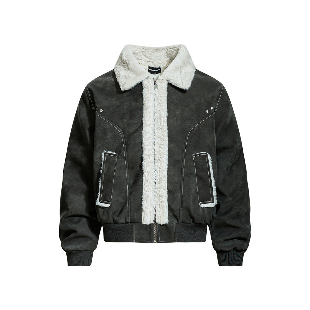 Street Style Men's Cotton Coat with Turn-Down Collar, PU Leather Panels, Casual Loose Fit, Versatile Outerwear Jacket