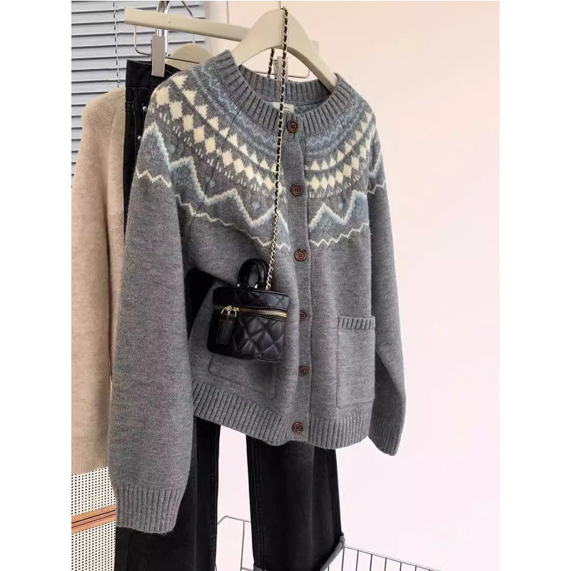 Fair Isle Knit Cardigan for Women - Soft, Loose Bohemian Style Round Neck Fashionable Sweater Top
