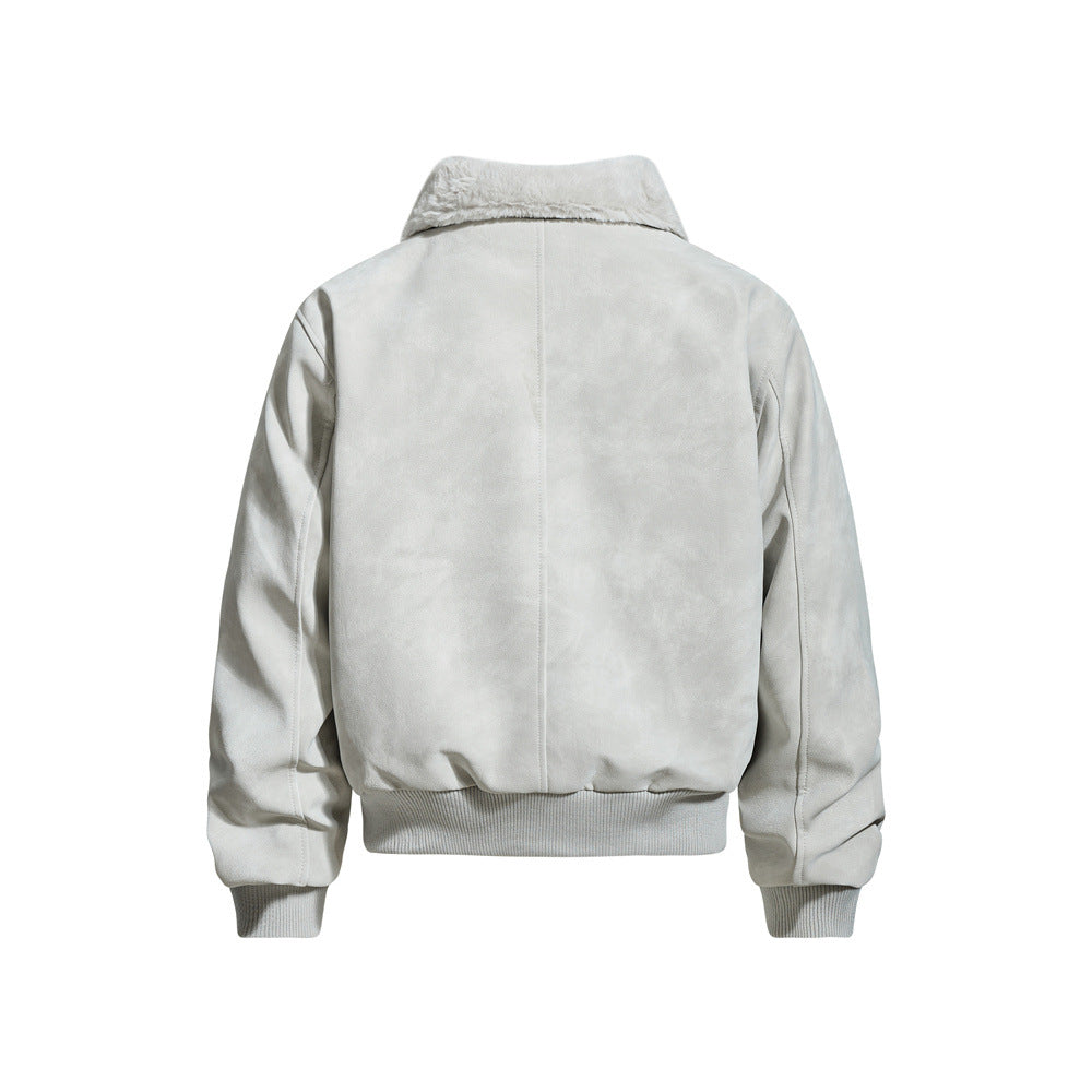 Street Style Men's Cotton Coat with Turn-Down Collar,  Leather Panels, Casual Loose Fit, Versatile Outerwear Jacket