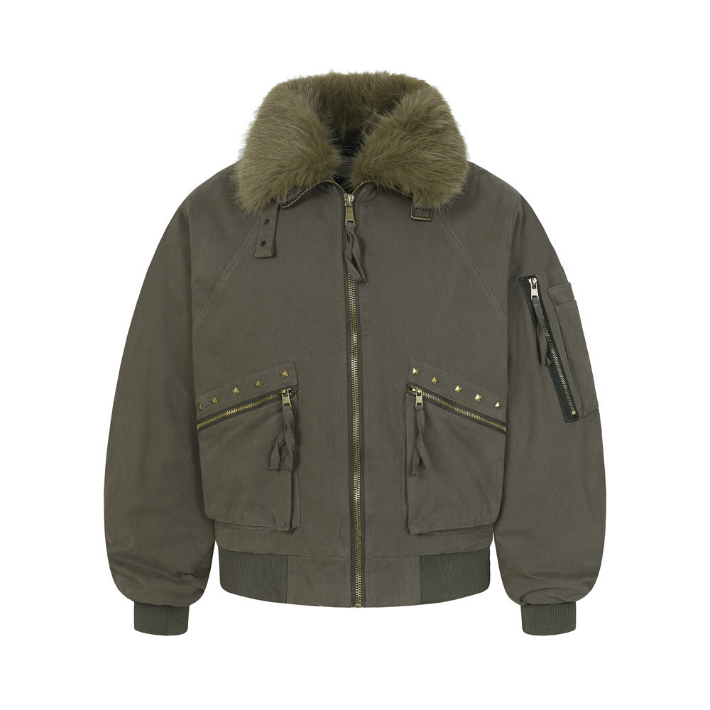 Street Style Men's Cotton Coat with Detachable Fur Collar, Patchwork Design, Trendy Brand, Loose Fit, New Outerwear Top