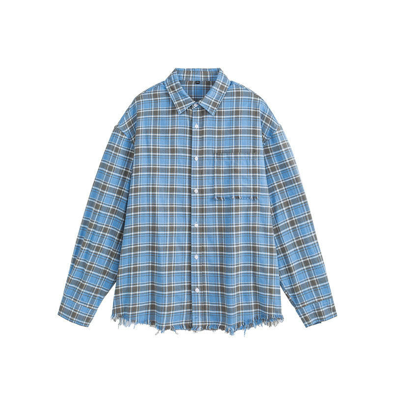 Oversized Checkered Shirt with Raw Hem Long Sleeves