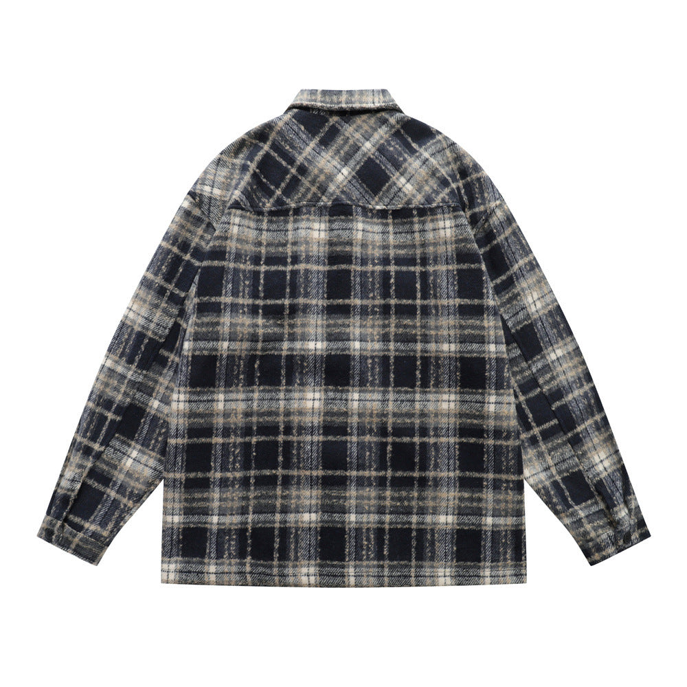 Vintage Men's Jacket with Turn-Down Collar, Plaid Pattern, Long Sleeves, Loose Fit -  and Versatile Outerwear
