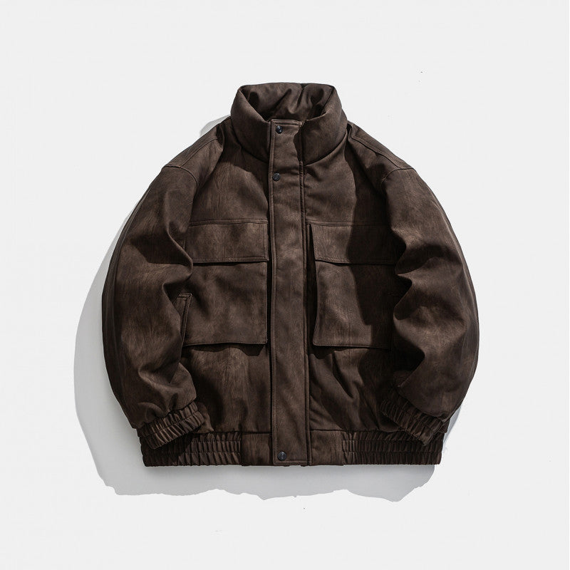 Solid Color PU Leather and Down Stand Collar Workwear Style Men's Jacket