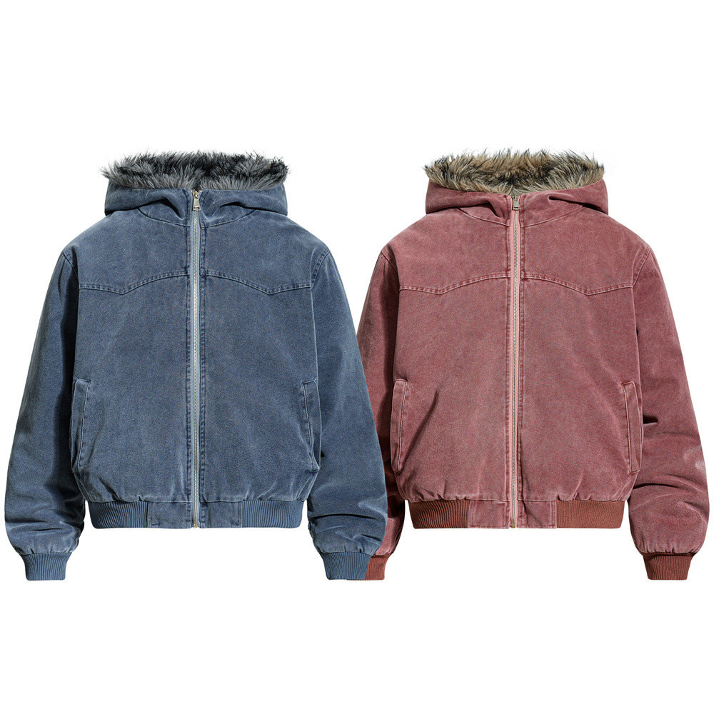 Street Style Men's Cotton Coat with Hood and Fur Collar, Patchwork Design, Loose Fit, Casual Fashion Outerwear Jacket