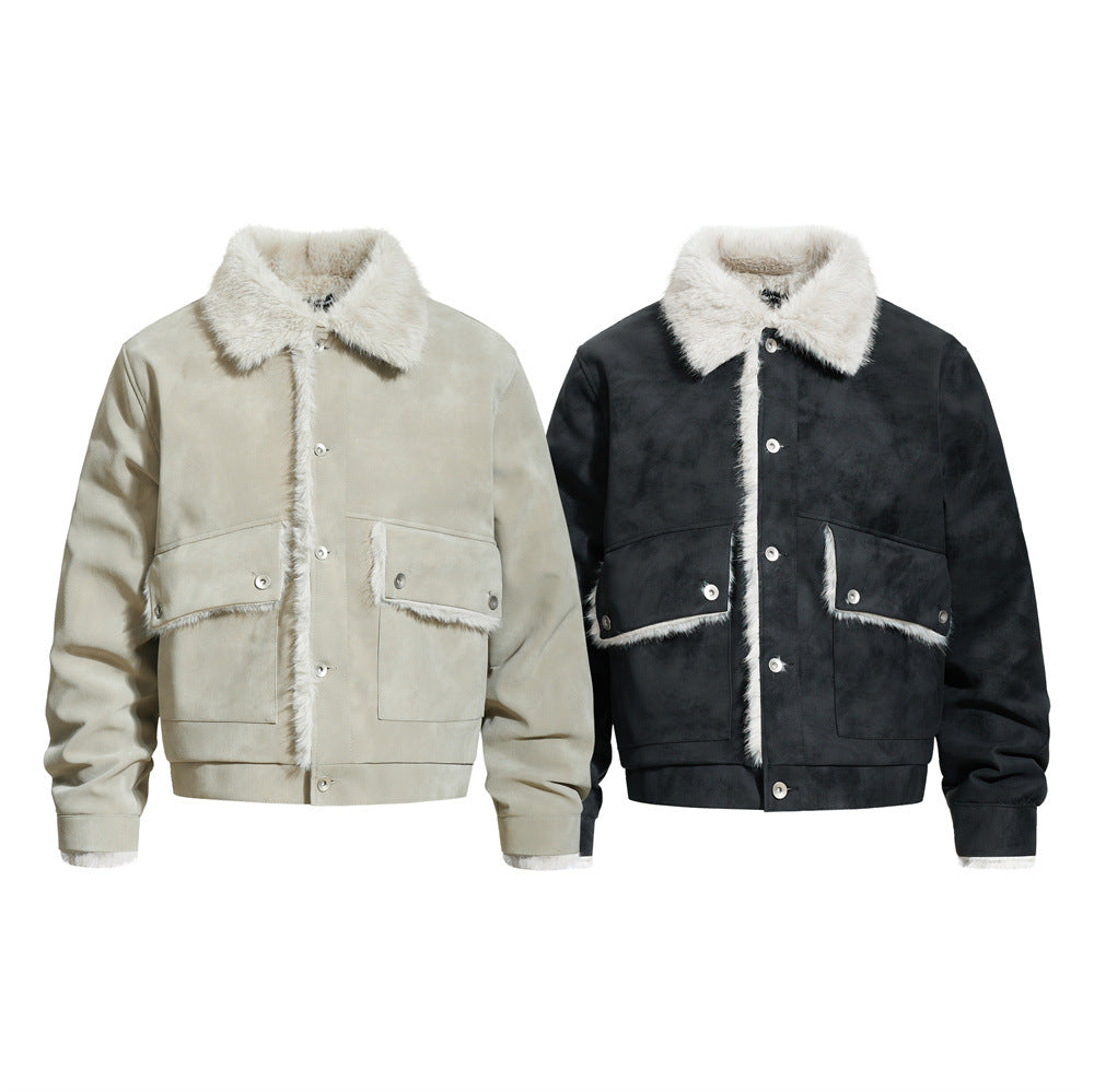 Street Style Men's Cotton Coat with Turn-Down Collar, Large Pockets, Casual Loose Fit,  Outerwear Jacket