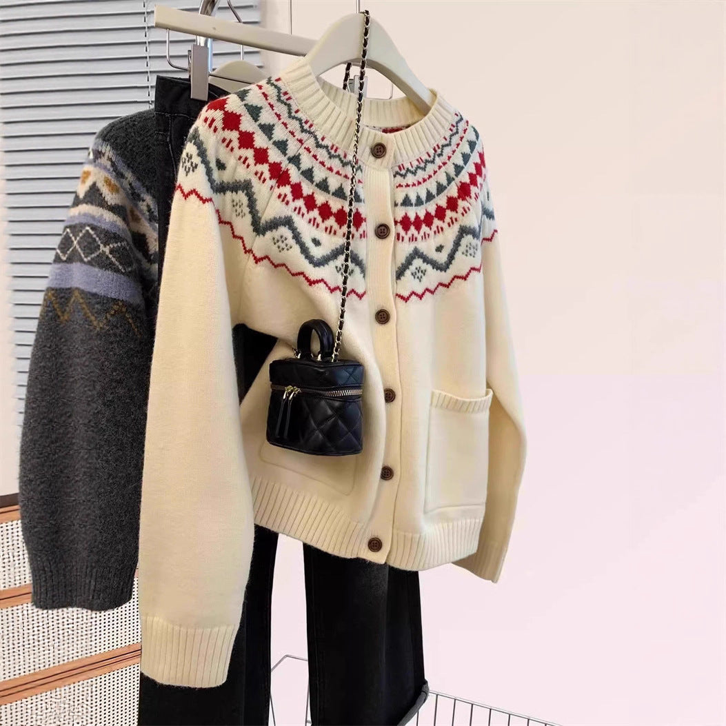 Fair Isle Knit Cardigan for Women - Soft, Loose Bohemian Style Round Neck Fashionable Sweater Top
