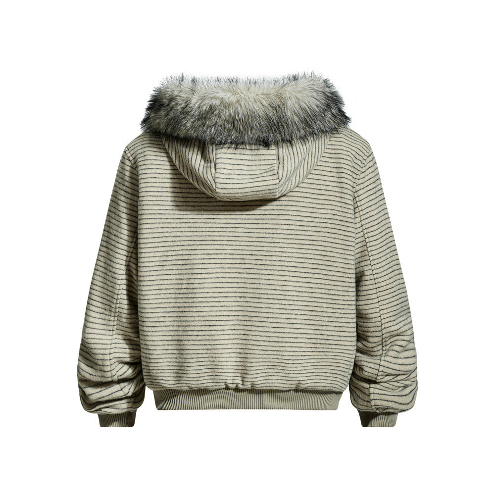 Retro Men's Cotton Coat with Detachable Hooded Fur Collar - Loose Fit  Outerwear Jacket