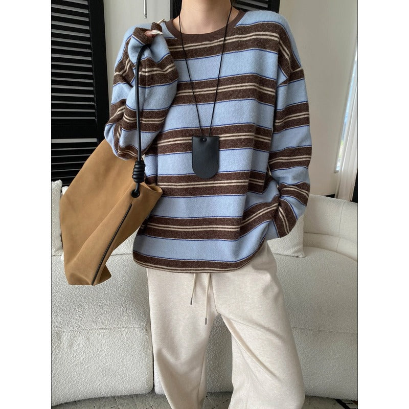 Casual American Color-block Stripe Crewneck Loose Slim Fit Brushed Long Sleeve T-shirt
