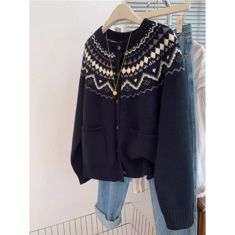 Fair Isle Knit Cardigan for Women - Soft, Loose Bohemian Style Round Neck Fashionable Sweater Top