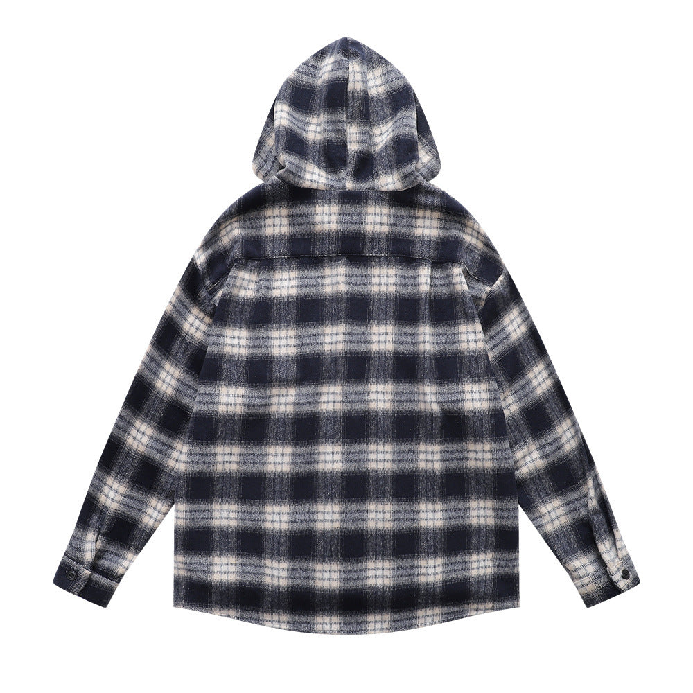 Retro Men's Hooded Drawstring Plaid Long Sleeve Casual Loose-Fit Shirt Jacket