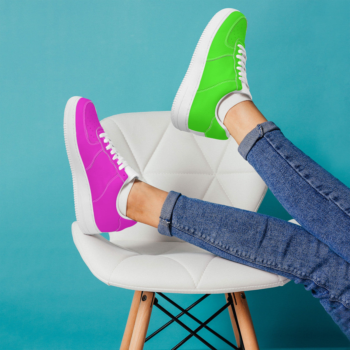 Two Tone Pink and Green Harajuku Low Top Unisex Sneaker - One Green Shoe and One Pink Shoe