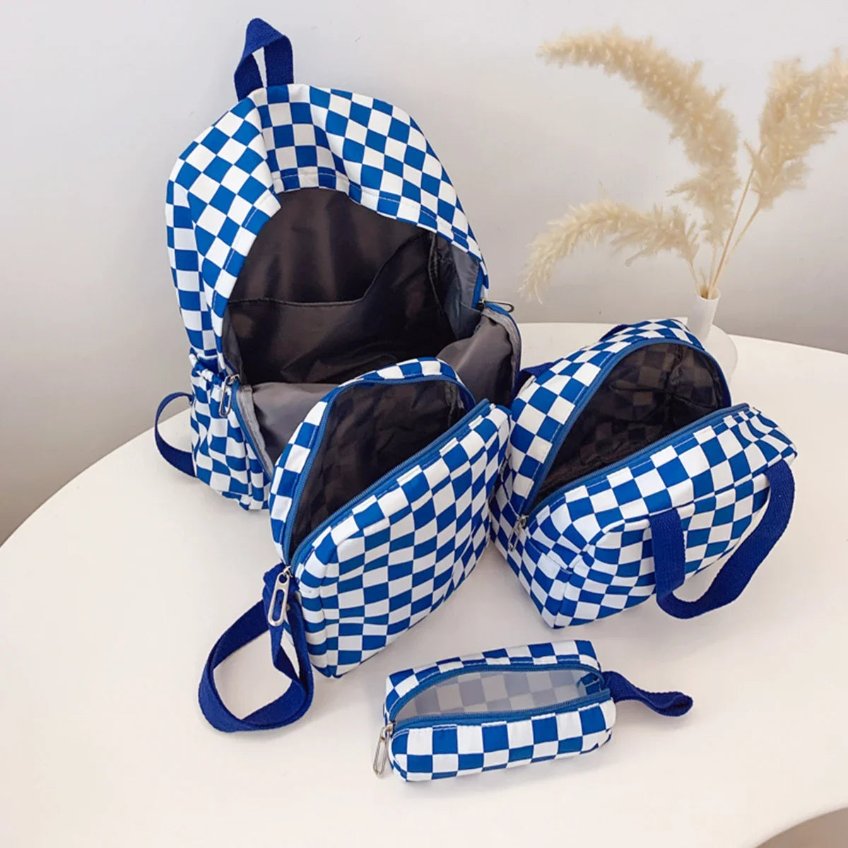 Checkerboard 4Pcs Backpack Set Crossbody Handbag Pen Case