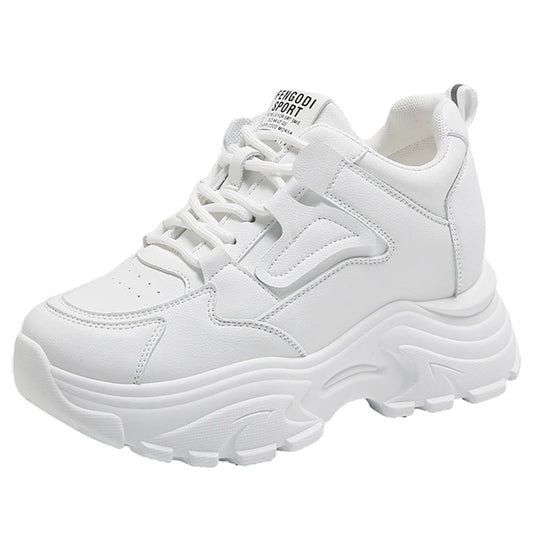 White Platform Women's Sneakers - Lace-Up Thick Bottom